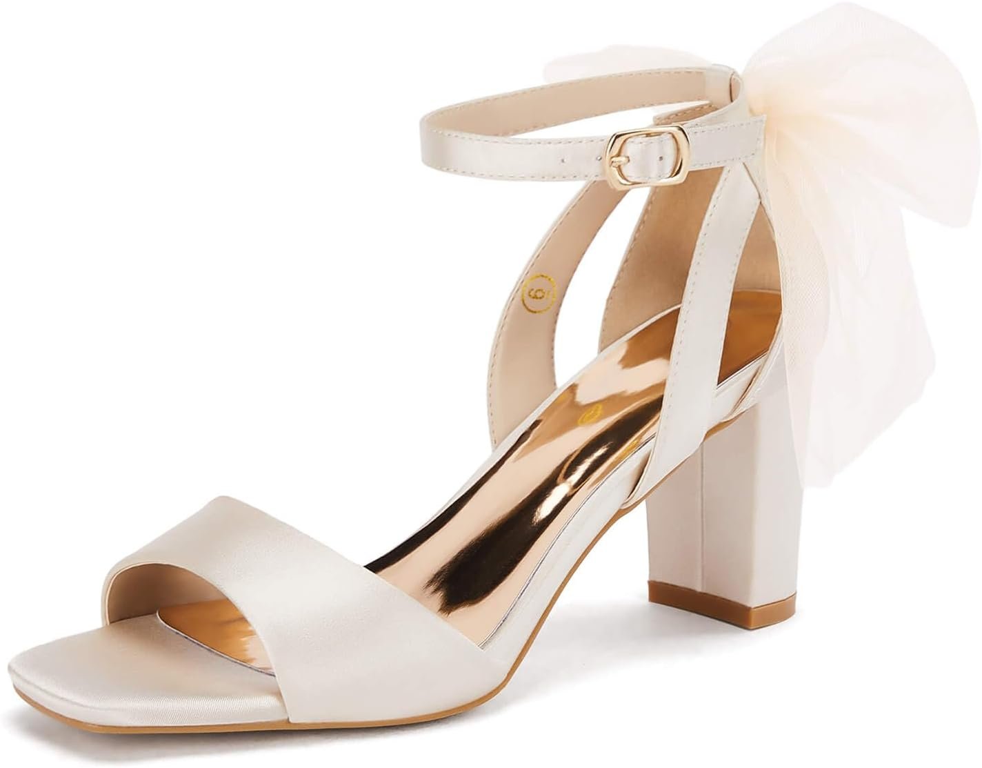 Coutgo Women’s Bow Tie Heeled Sandals Chunky Heels One Strap Satin Ankle Buckle Dress Wedding Shoes