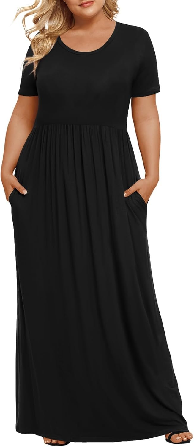 LONGYUAN Women’s Plus Size Maxi Dresses for Curvy Women Summer Short Sleeve Casual 2026 Long Dress XL-6XL