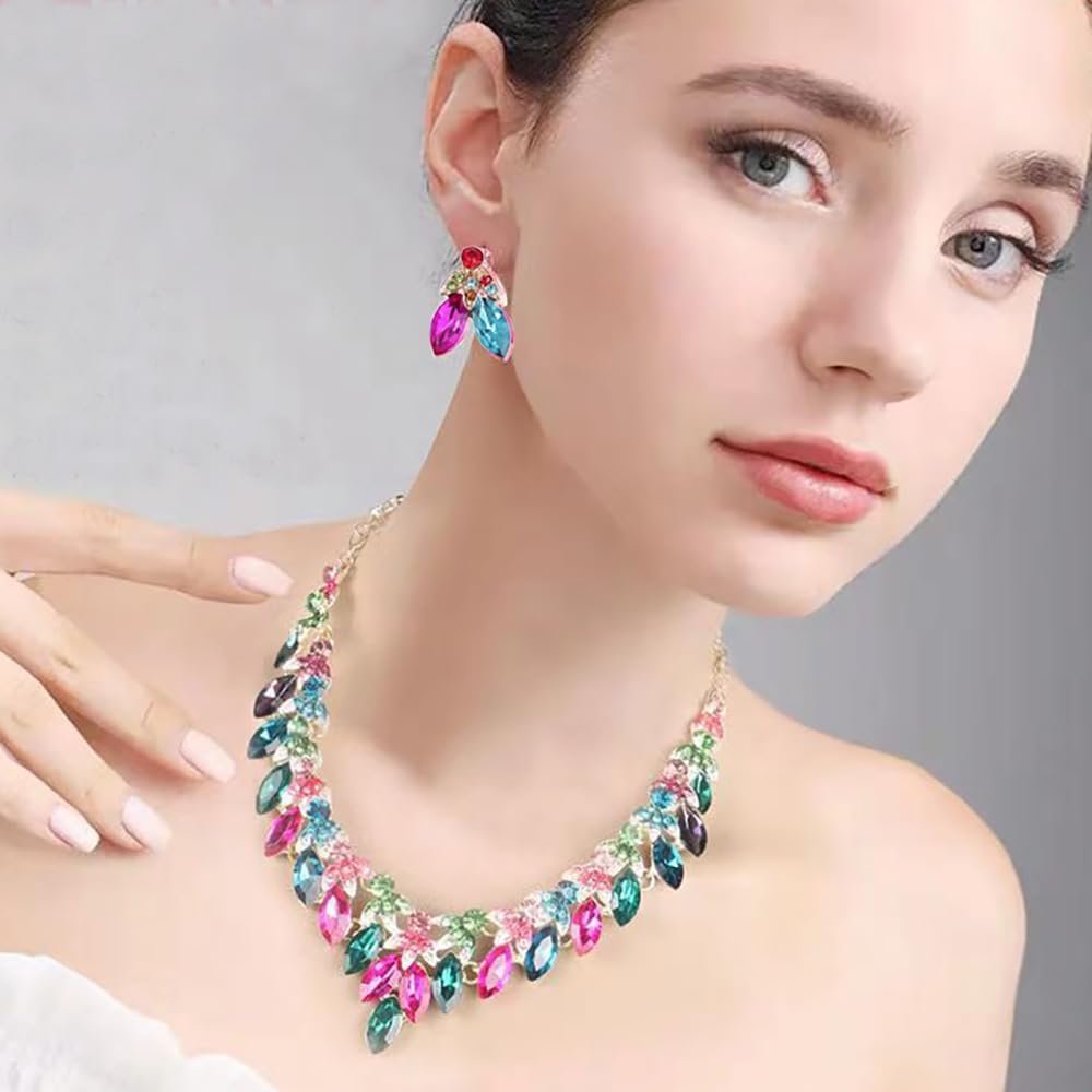 Crystal Floral Statement Necklace Earring Rhinestone Bib Collar Chunky Necklace Bridal Wedding Jewelry Set