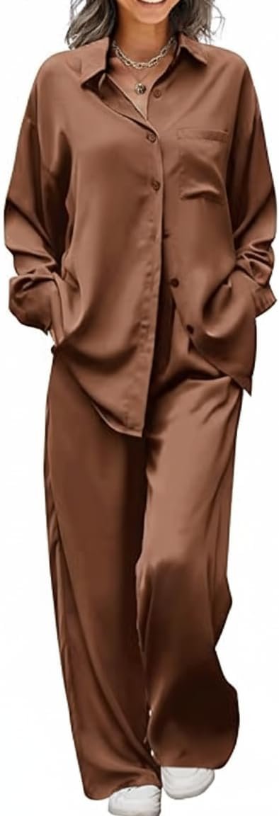 Ekouaer Womens Satin Silky Pajama Set 2 Piece Print PJs Soft Loungewear Button Down Sleepwear with Elastic Waist Long Pants