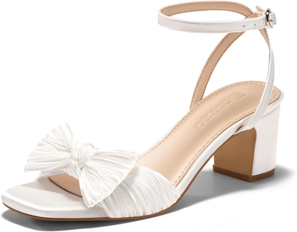 Coutgo Womens Bow Heels Sandals Block Low Heel Wedding Bride Dressy Shoes Open Toe Ankle Strap Sandals