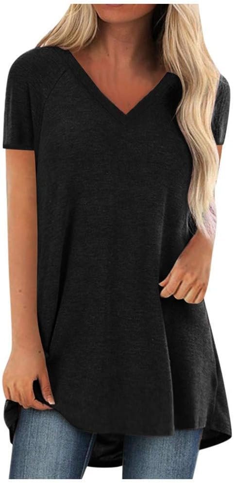 KKG Tops Tunics for Women to Wear with Leggings, Casual Loose Fit V Neck Short/Long Sleeves T Shirt