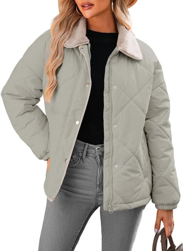Dokotoo Women’s Winter Casual Quilted Jackets Long Sleeve Button Down Puffer Jacket Padded Outerwear Coats