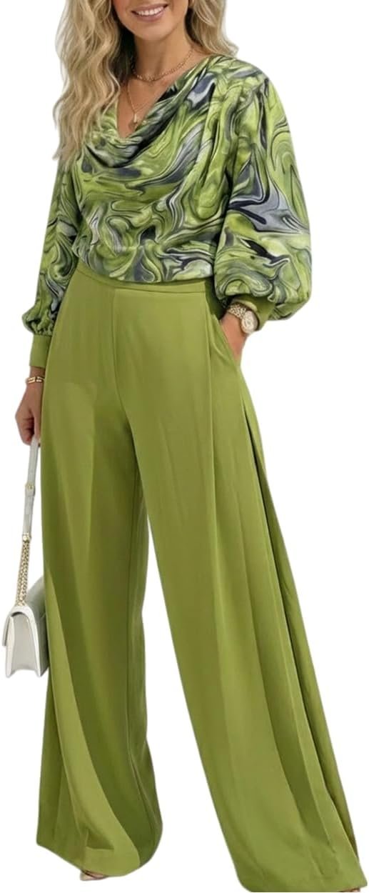 CHICME Women’s 2 Pieces Outfit Abstract Print Cowl Neck Lantern Sleeve Crop Top and Wide Leg Pants Set