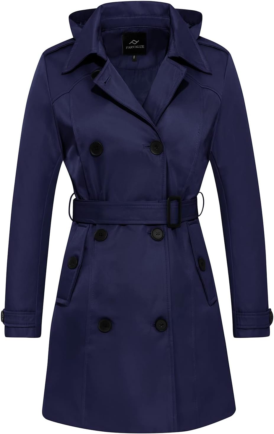 FARVALUE Women’s Waterproof Trench Coat Double Breasted Windbreaker Classic Belted Lapel Overcoat with Removable Hood
