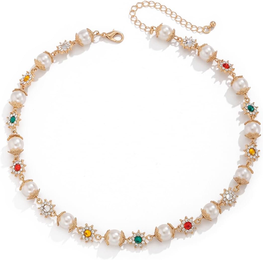 Gold Statement Necklaces for Women and Men – Vintage-Inspired Jewelry Featuring Chokers, Long Gold Layering Chains, Cross Pendants, Daisy Pearls, Floral Details, Colorful Gemstones & Rhinestones – Elegant Coquette, Y2K, Old Money & Unisex Aesthetic Fashion Jewelry