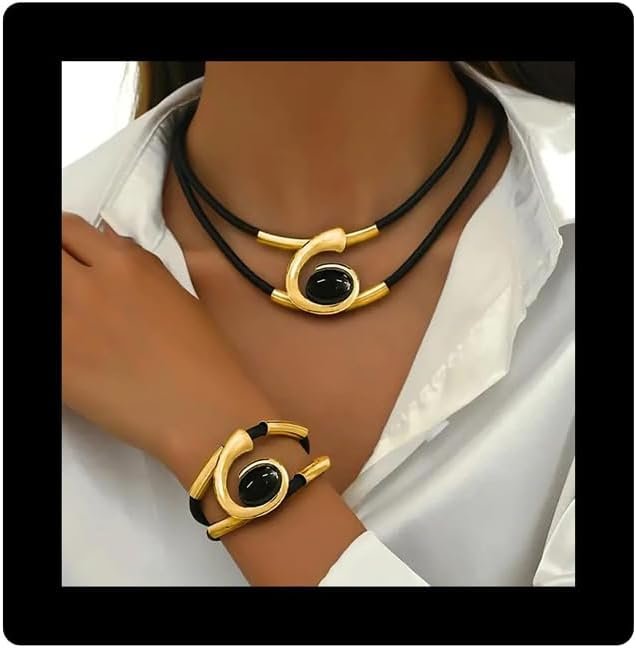 Gold Jewelry Set, Bohemian Double-Layer Black Rope With Oval Black Acrylic Pendant Necklace And Bracelet Set Vintage Trendy Golden Necklaces Bracelets For Women Gift