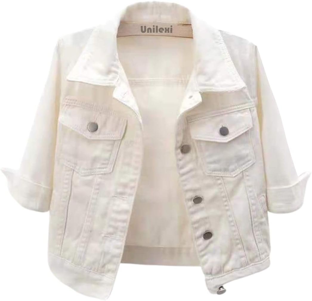 Unilexi Women’s 3/4 Sleeve Colored Cropped Denim Jacket Light Wash Short Jean Jacket Trucker Coat