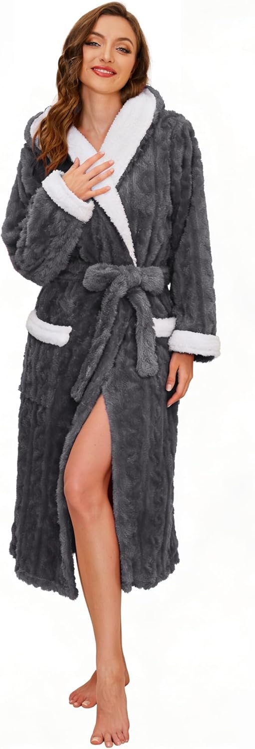 HEARTNICE Plush Long Hooded Robes for Women, Soft Fluffy Womens Fleece Robe Thicker Warm Bathrobes