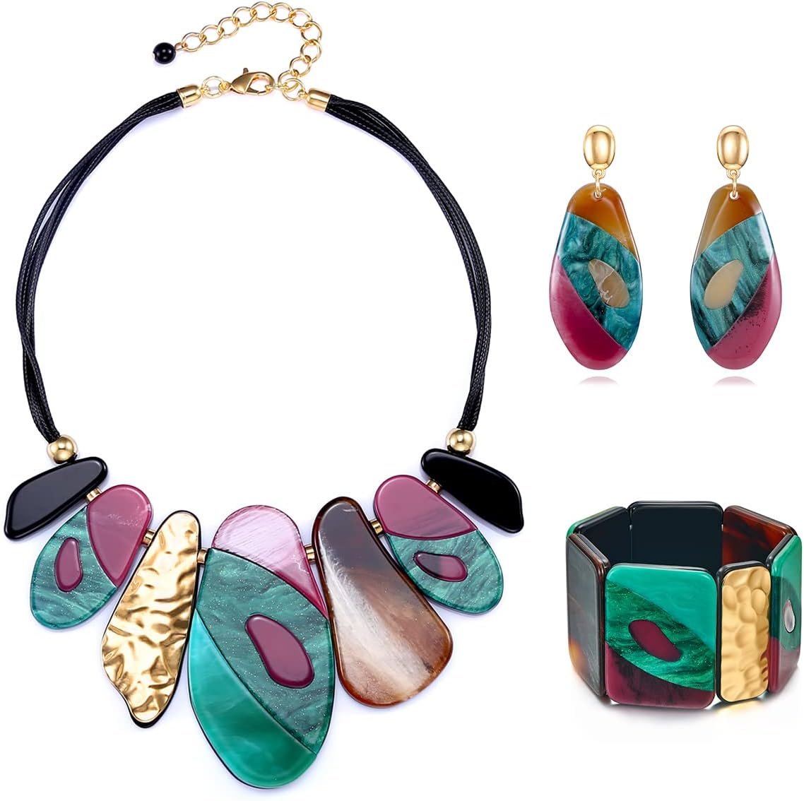 MUYAN Statement Acrylic Jewelry Set for Women, Big Bohemian Multicolor Bib Necklaces Bangle Bracelet Dangle Earrings Chunky Jewelry Sets
