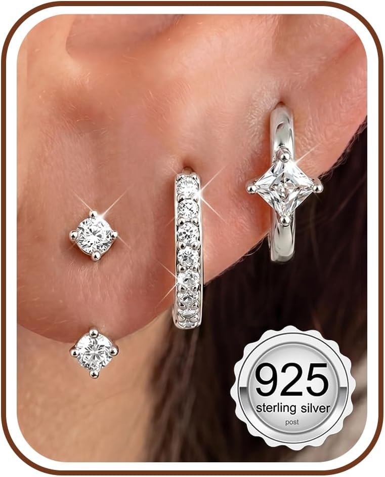 MILACOLATO 3 Pairs 925 Sterling Silver Earrings for Women, 14K Gold Plated Small Huggie Hoop Earrings Sets for Multiple Piercing, CZ Cartilage Earrings Stacks Trendy Earrings for Sensitive Ears Hypoallergenic Jewelry Gifts