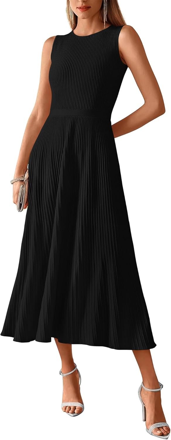 BTFBM Women Tank Midi Dress Summer Crewneck Sleeveless Pleated A Line Business Casual Formal Sweater Spring Dresses 2026