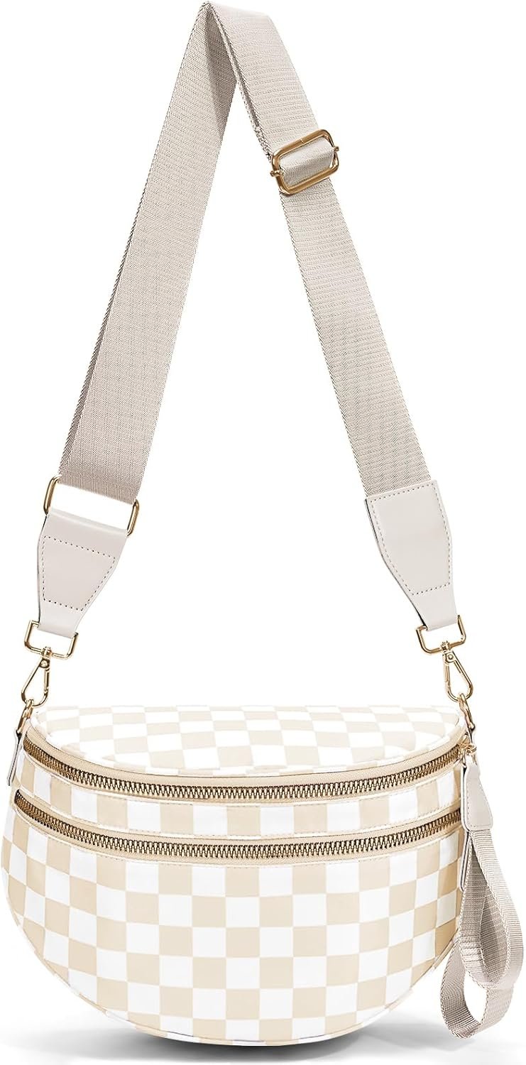hibear Checkered Crossbody Bag Spacious Bum Bags for Women Nylon Crossbody Fanny Packs Checkered Purse Belt Wallet