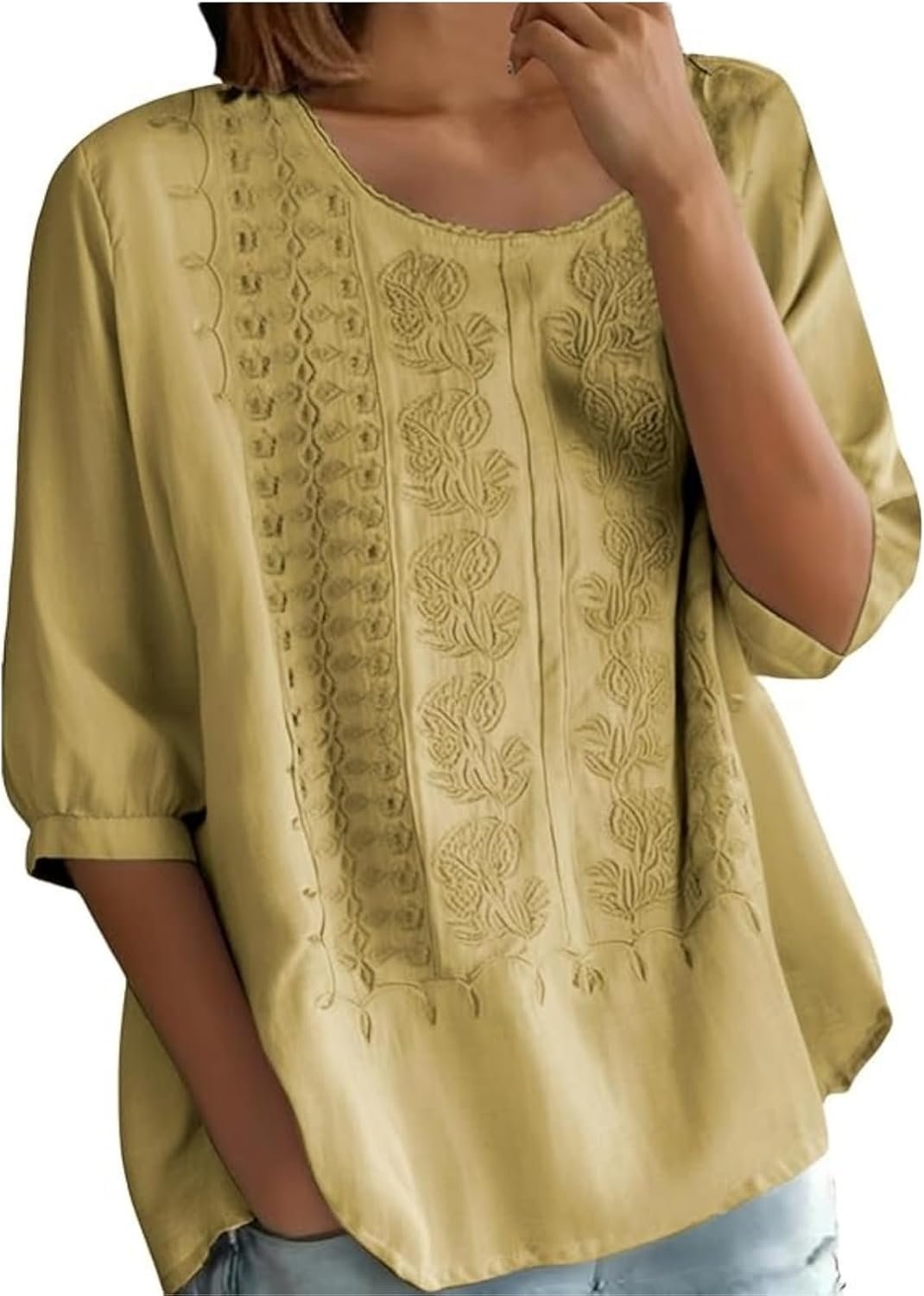 Cotton Linen Shirts for Women Trendy Retro Embroidered 3/4 Sleeve Boho Blouse Dressy Casual Bohemian Tops Loose Tunics