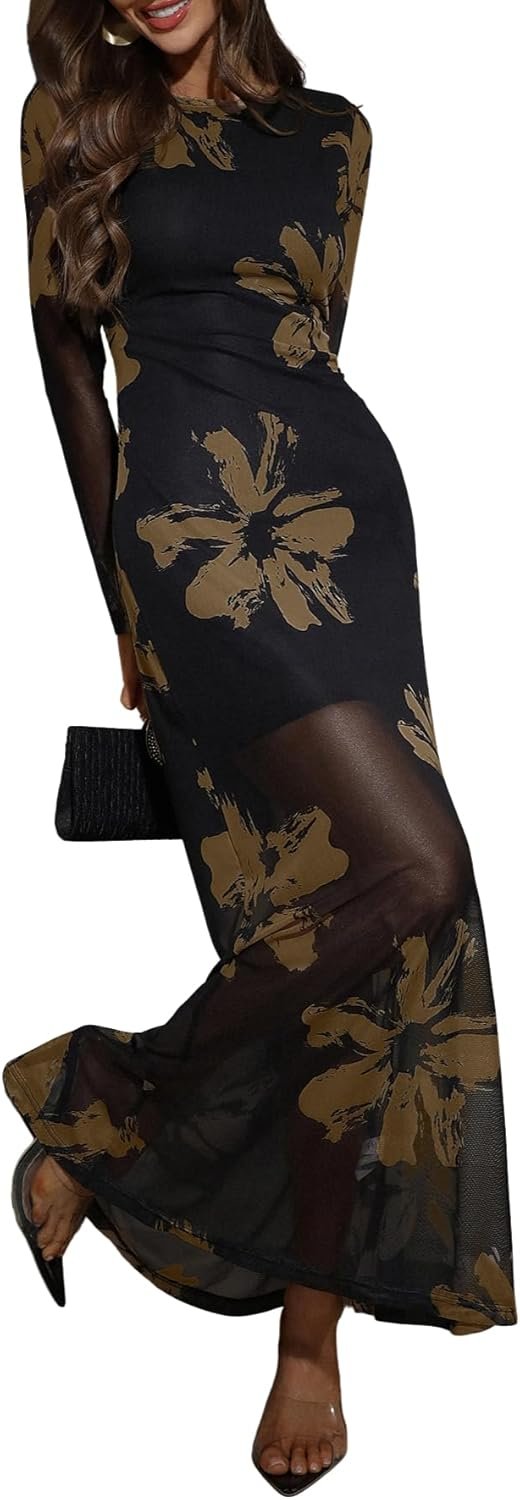 Verdusa Women’s Floral Mesh Maxi Dresses Elegant Formal Long Sleeve Spring Wedding Guest Dress Cocktail