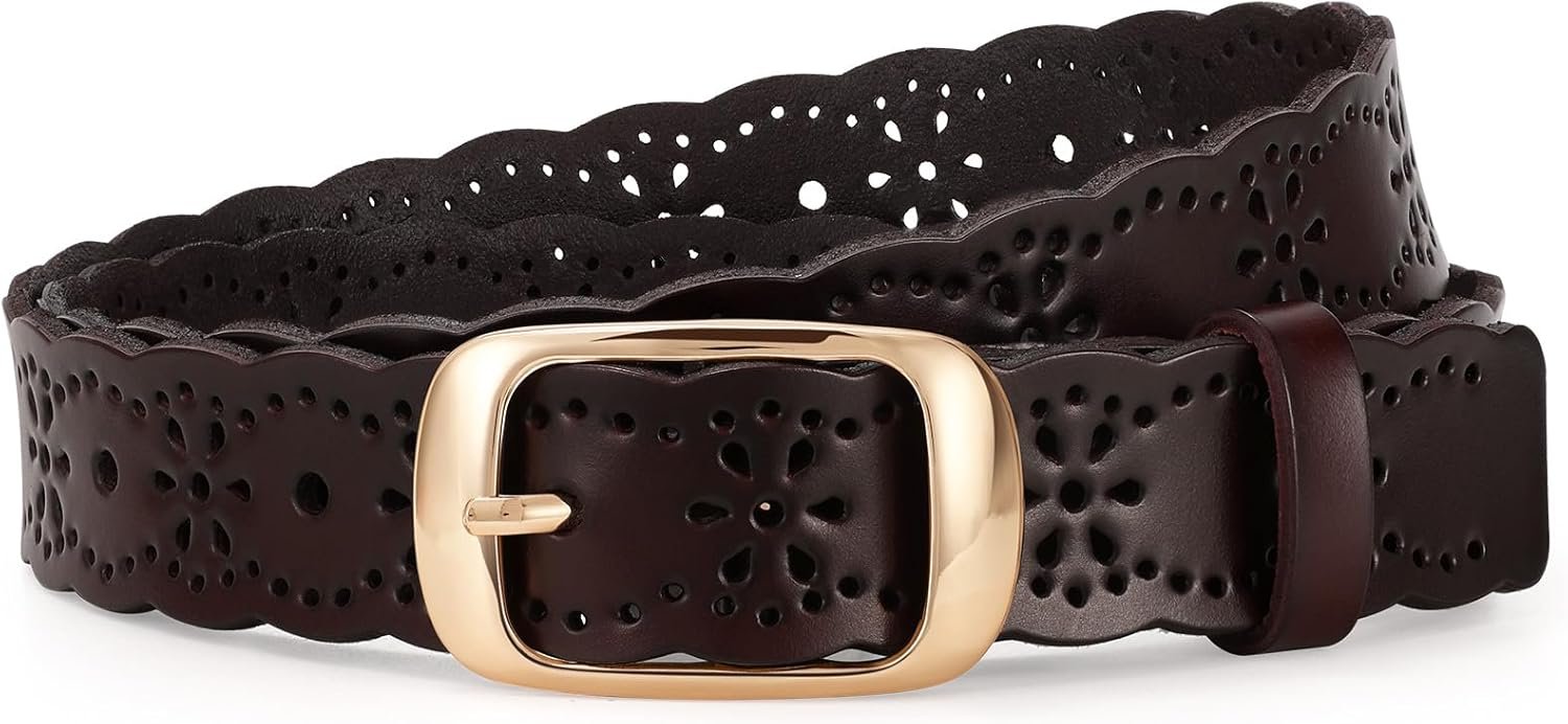 JASGOOD Leather Belt for Women Hollow Flower Leather Belt for Jeans Pants Fashion Waist Belt with Gold Buckle