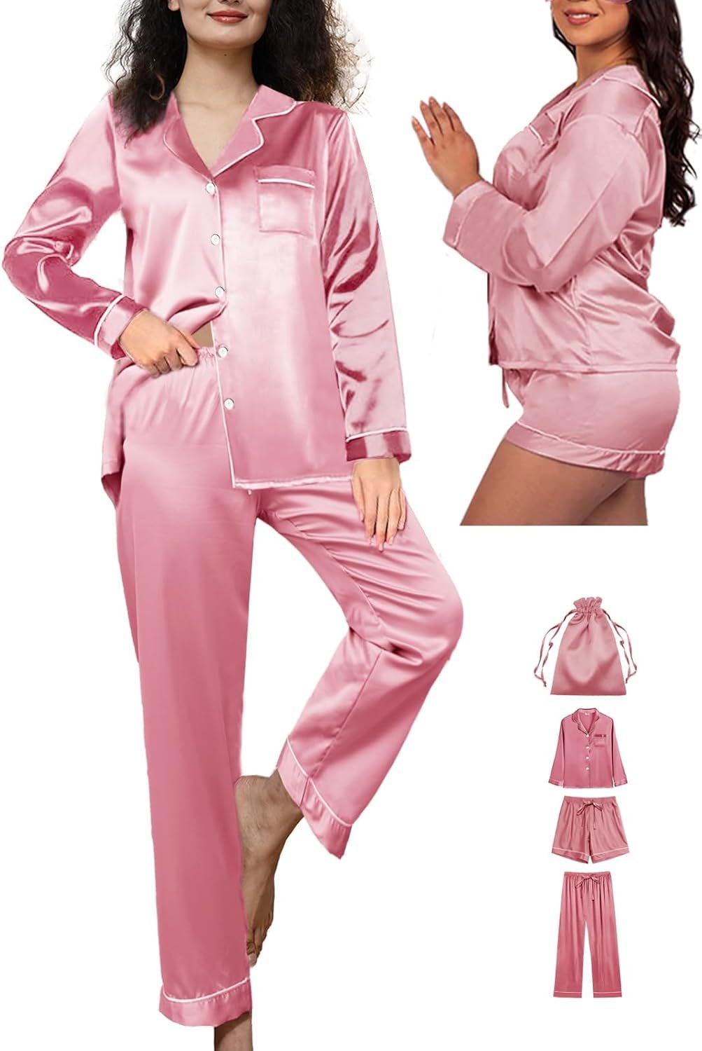 WJing Yi Jia 4Pcs Womens Silk Pajamas Set XS-XXL Satin Pajama Sets for women Silky Pj Set Sleepwear Pjs Nightwear Loungewear
