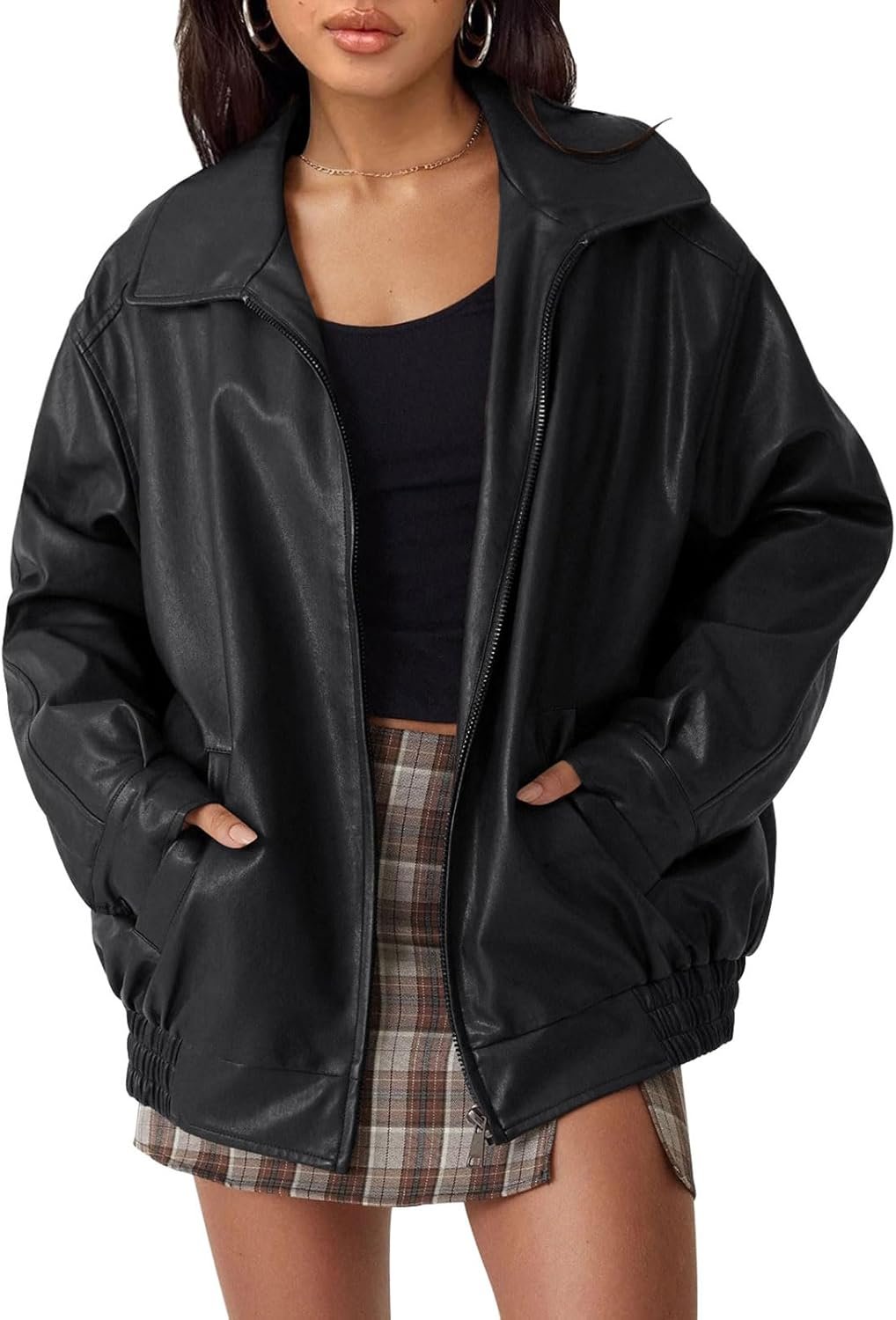 AUTOMET Women’s Oversized Faux Leather Jacket Boyfriend Biker Moto Coat Lightweight Fall Bomber Outerwear