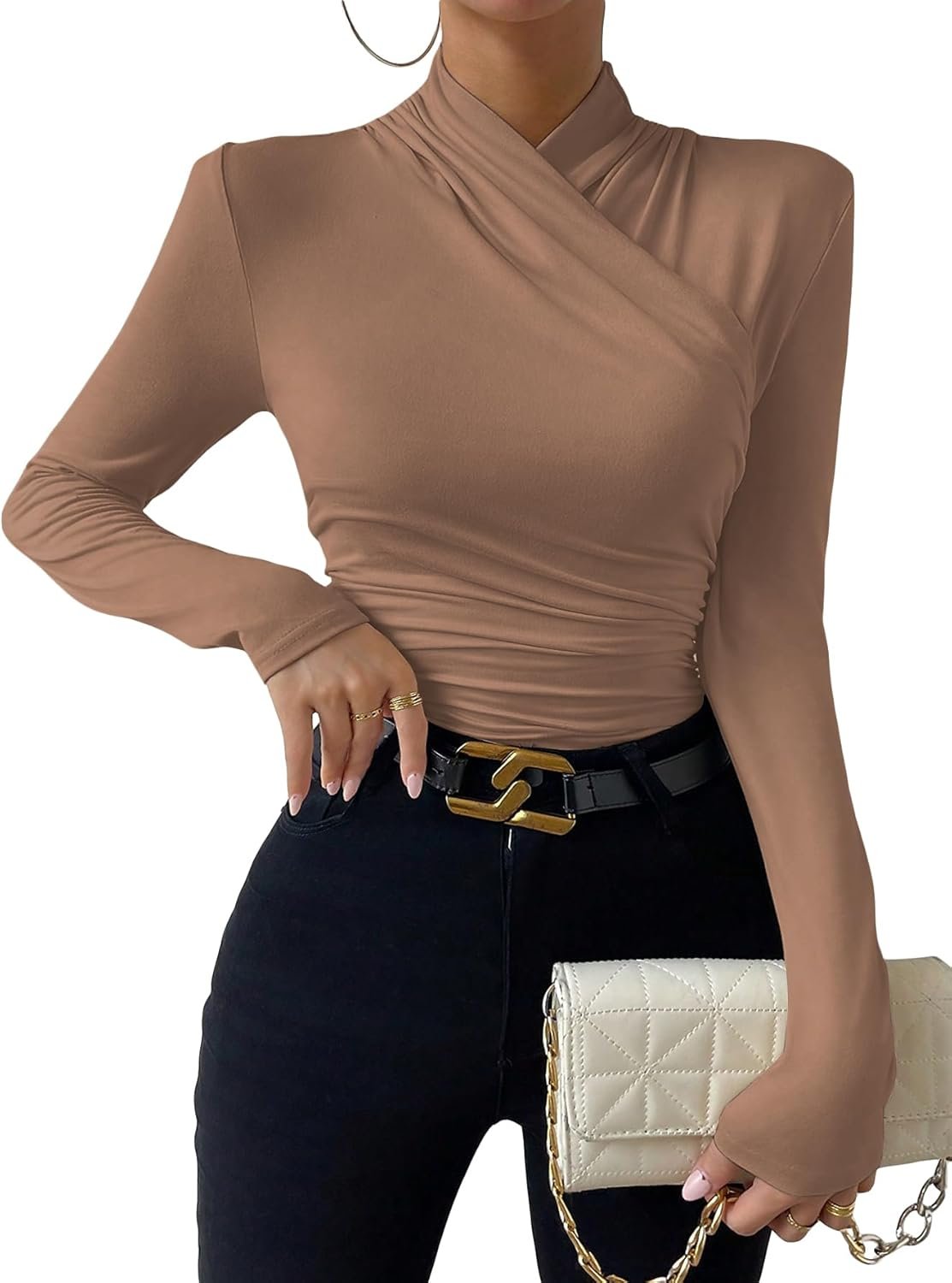 SweatyRocks Women’s Ruched Mock Neck Long Sleeve T Shirt Solid Slim Fitted Tee Tops