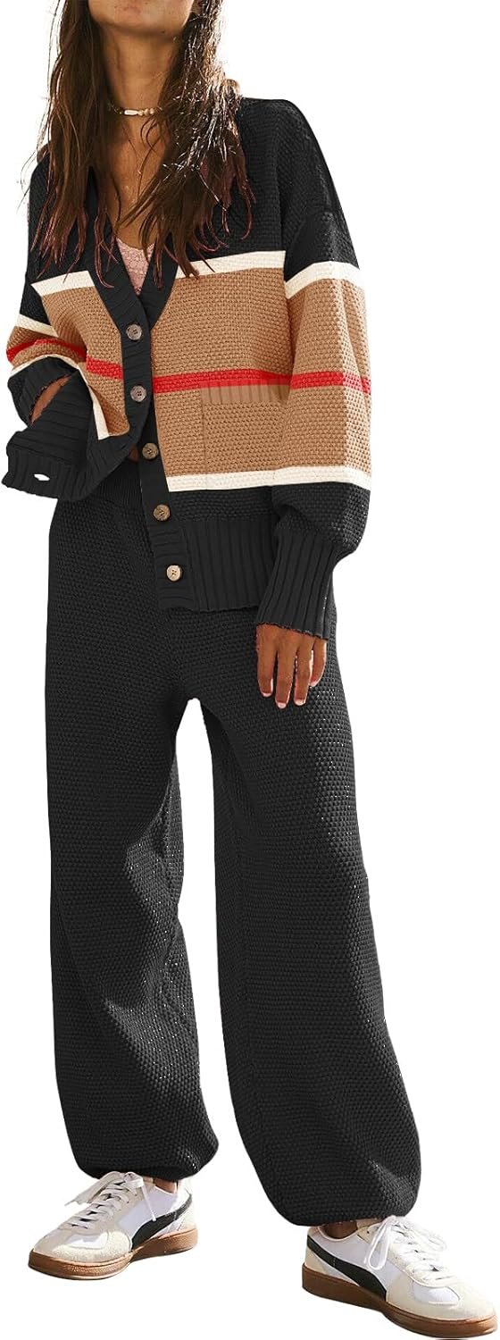Women’s 2 Piece Outfit Lounge Set Trendy Cardigan Sweater Pants Sets V Neck Button Pocket Knit Matching Loungewear
