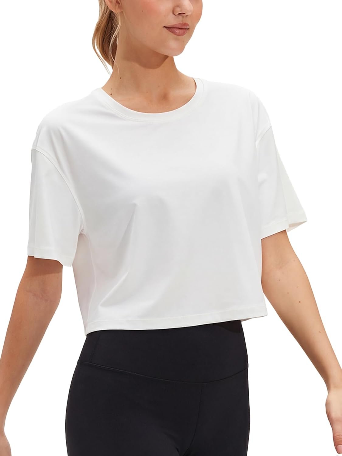 Stelle Womens Workout Crop Top Loose Short Sleeve Shirt Breathable Quick Dry UPF 50+ Oversized Boxy Tee for Running Athletic