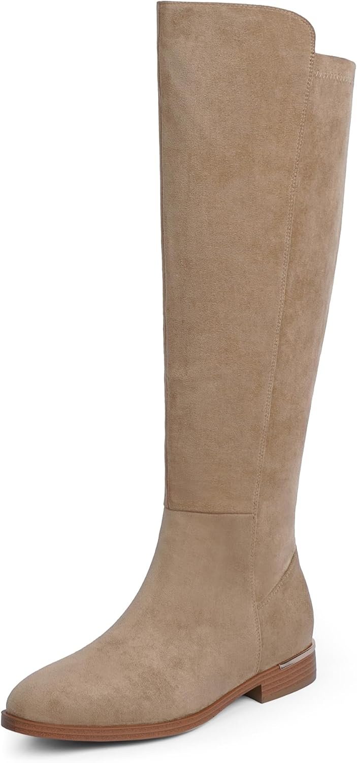 Modatope Knee High Boots Women Flat Rounded Toe Stretchy Boots Side Zipper Dress Tall Boot