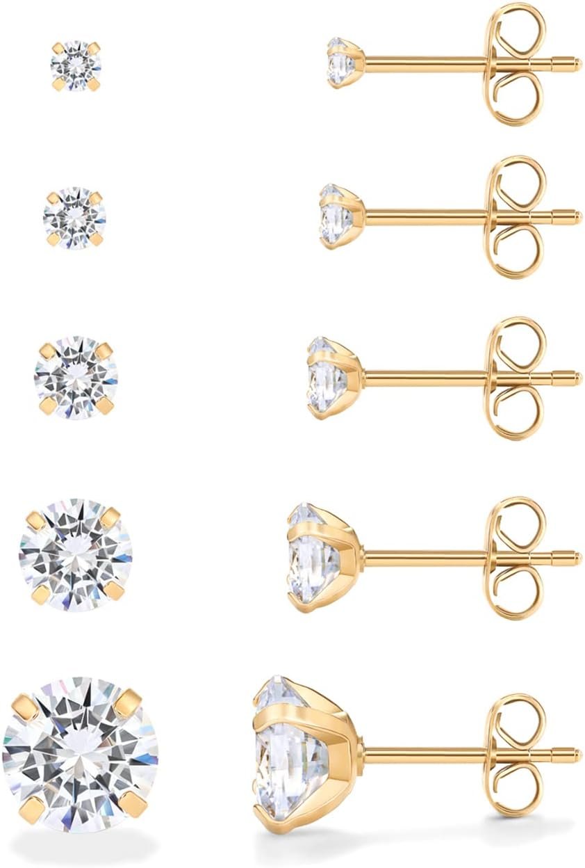 PAVOI Waterproof Five Pairs Stud Earrings for Women – 14K Gold Plated Stainless Steel Pack of 5 Cubic Zirconia Earrings for Men and Women – Hypoallergenic Premium CZ Studs Set