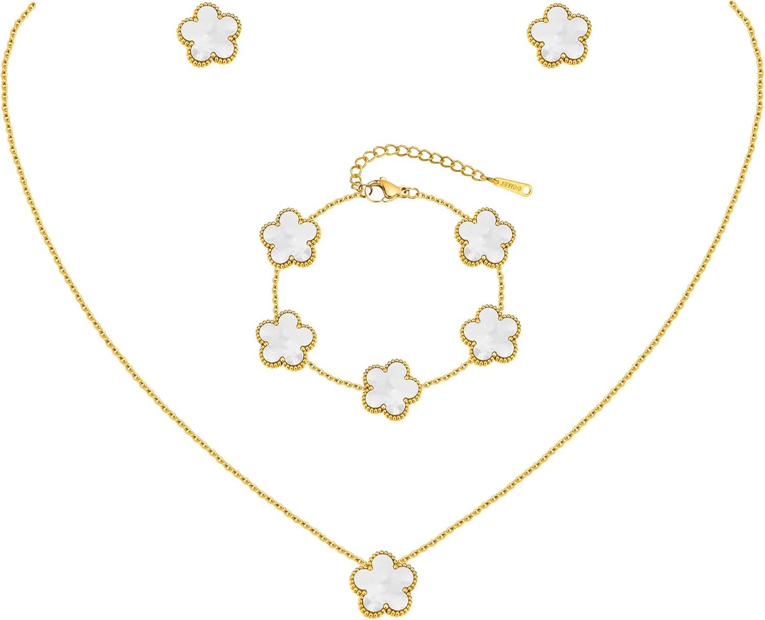 Gold Necklaces Bracelets Earring Set – 18K Gold Plated Flower Bracelet Chain,Stainless Steel Non Tarnish Floral Pendant Stud Jewelry Sets,Christmas Birthday Lucky Gift for Mom Wife Daughter Girlfriend