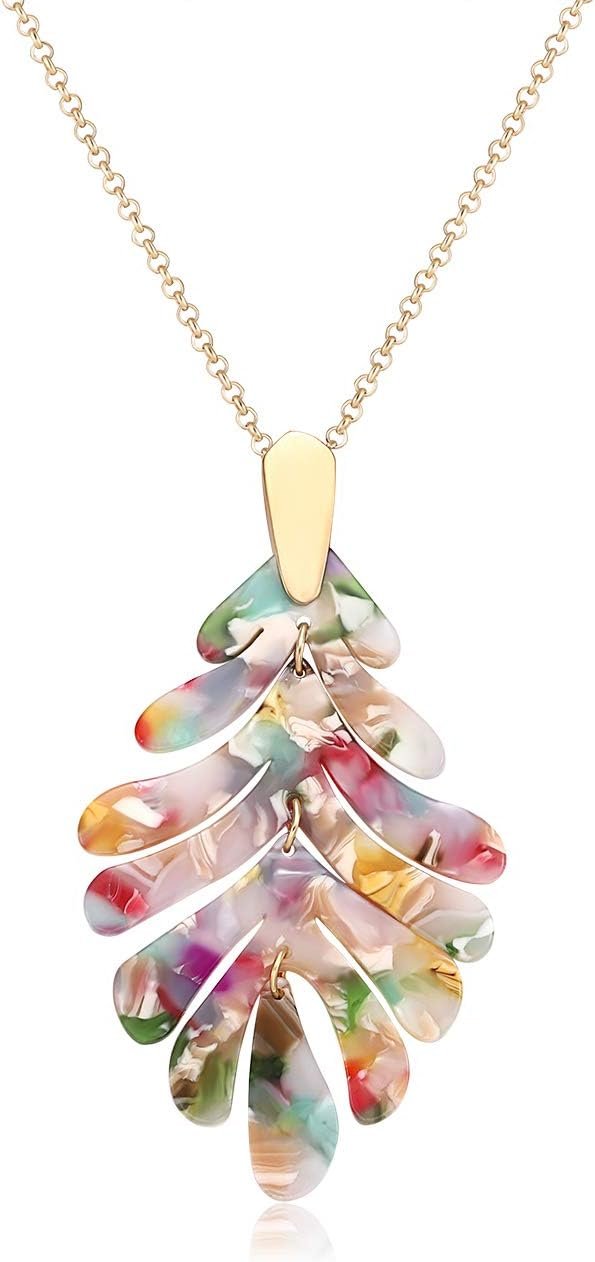 ARATLENCH Acrylic Pendant necklace Earrings – Long Statement Leaf Charm Necklace Tortoise Resin Palm Leaf Earrings Fashion Necklaces Earrings for Women