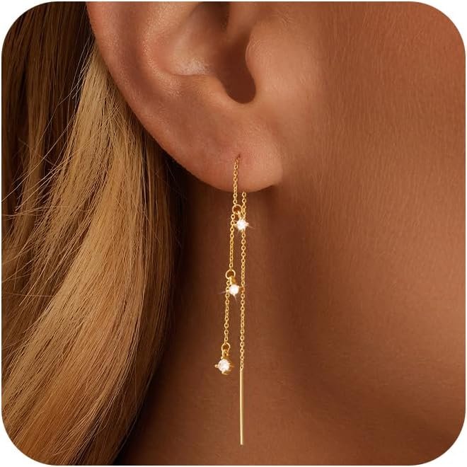 NECOCY Prom Earrings Dangle Earrings for Women 14K Gold Plated Drop Wedding Earrings Dainty Long Hanging Chain CZ Pearl Threader Earrings Trendy Silver Plated Jewelry for Women