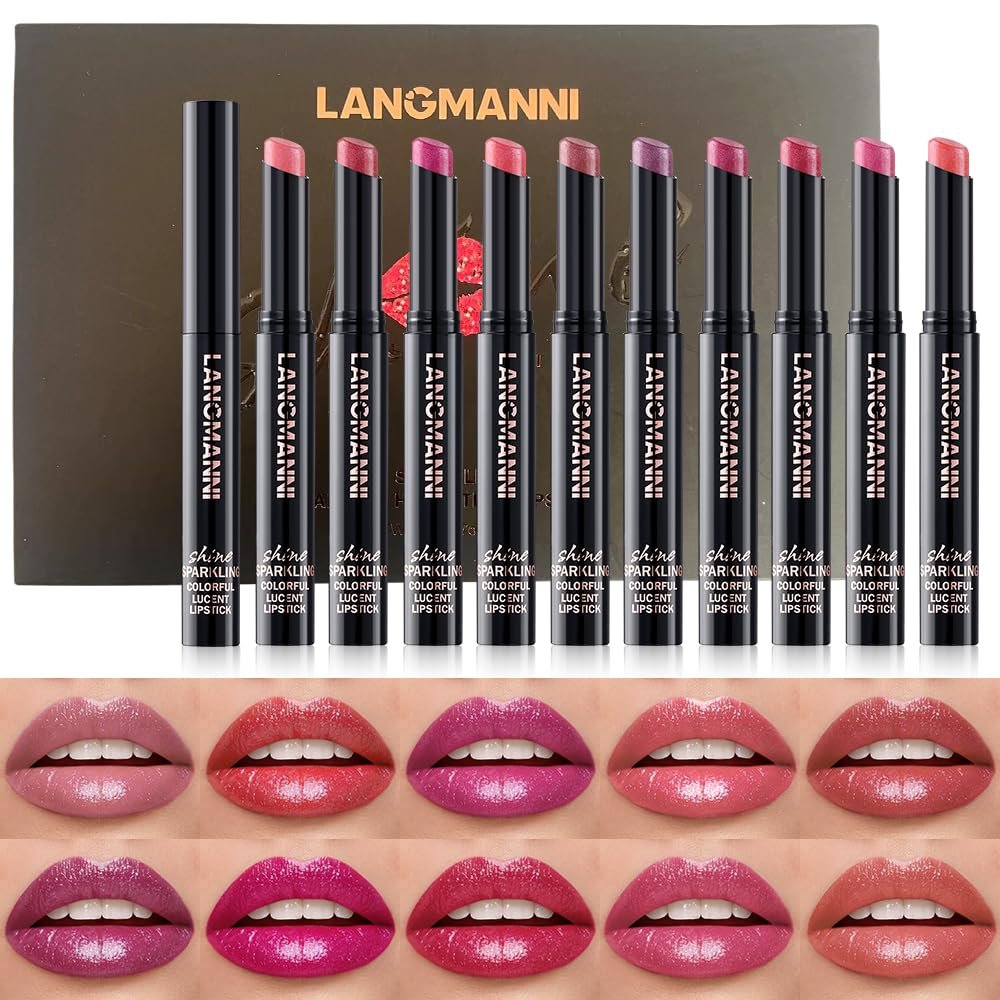 10 Colors Shimmer Lipstick Set, Fine Subtle Glitter, Long-Wearing & Moisturizing, Assorted Daily Wear Shades, Great Gift for Makeup Lovers（Shiny SetA