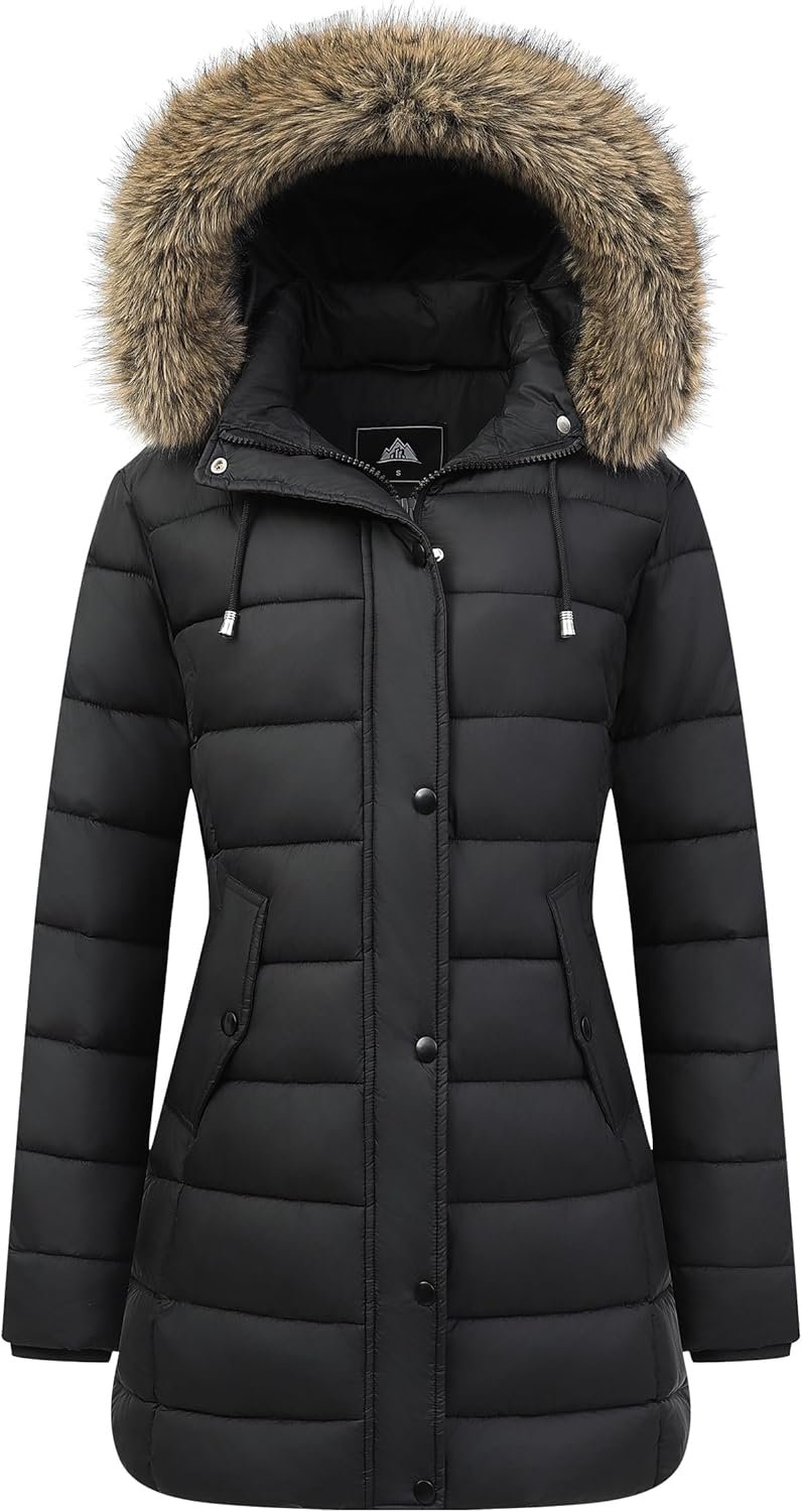 Women’s Winter Thickened Down Jacket Warm Long Puffer Coat Waterproof Parka with Faux Fur Removable Hood