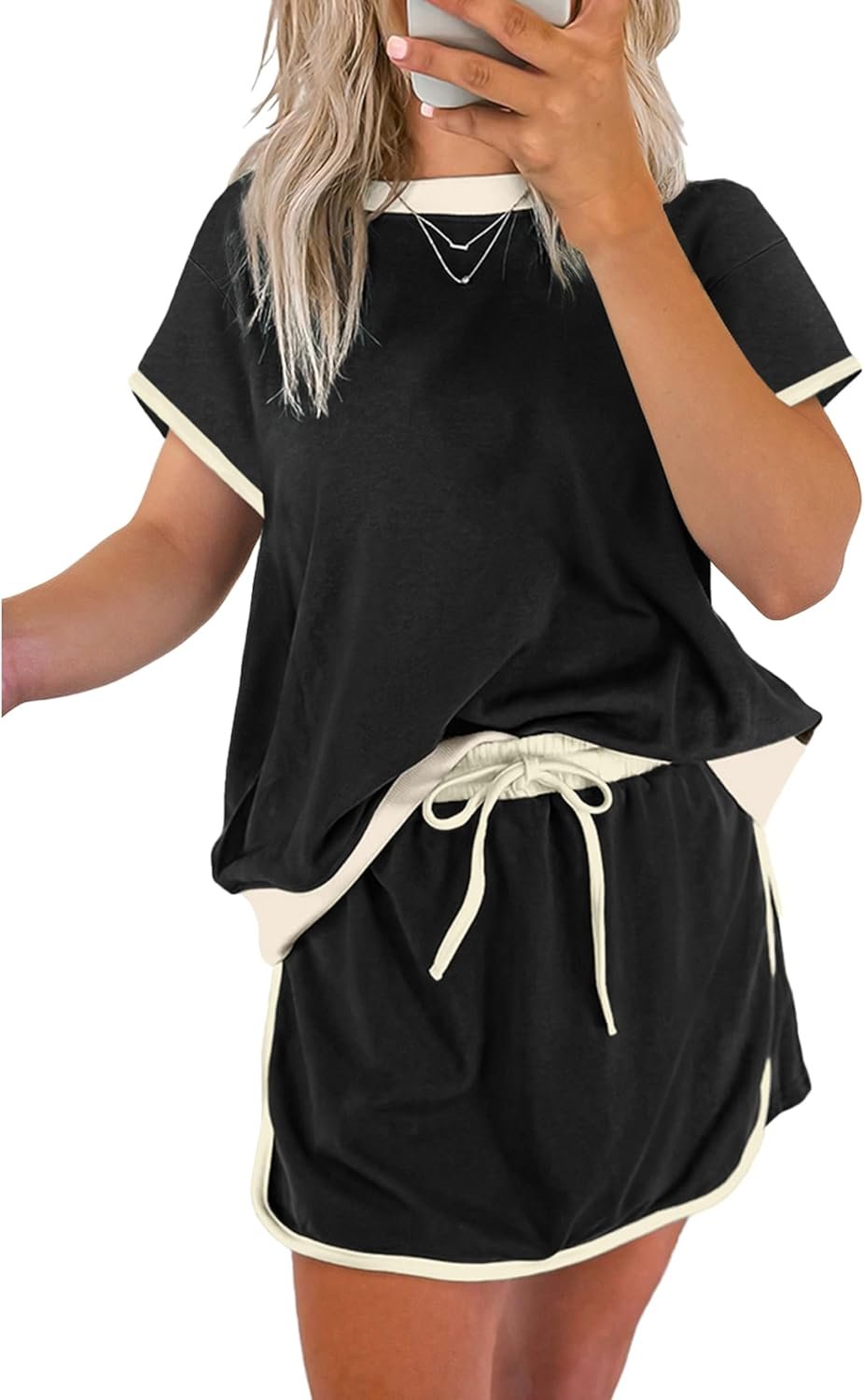 SELINK Lounge Sets for Women 2 Piece Skirt Colorblock Drop Shoulder T Shirt and Skort Set Summer Tracksuits