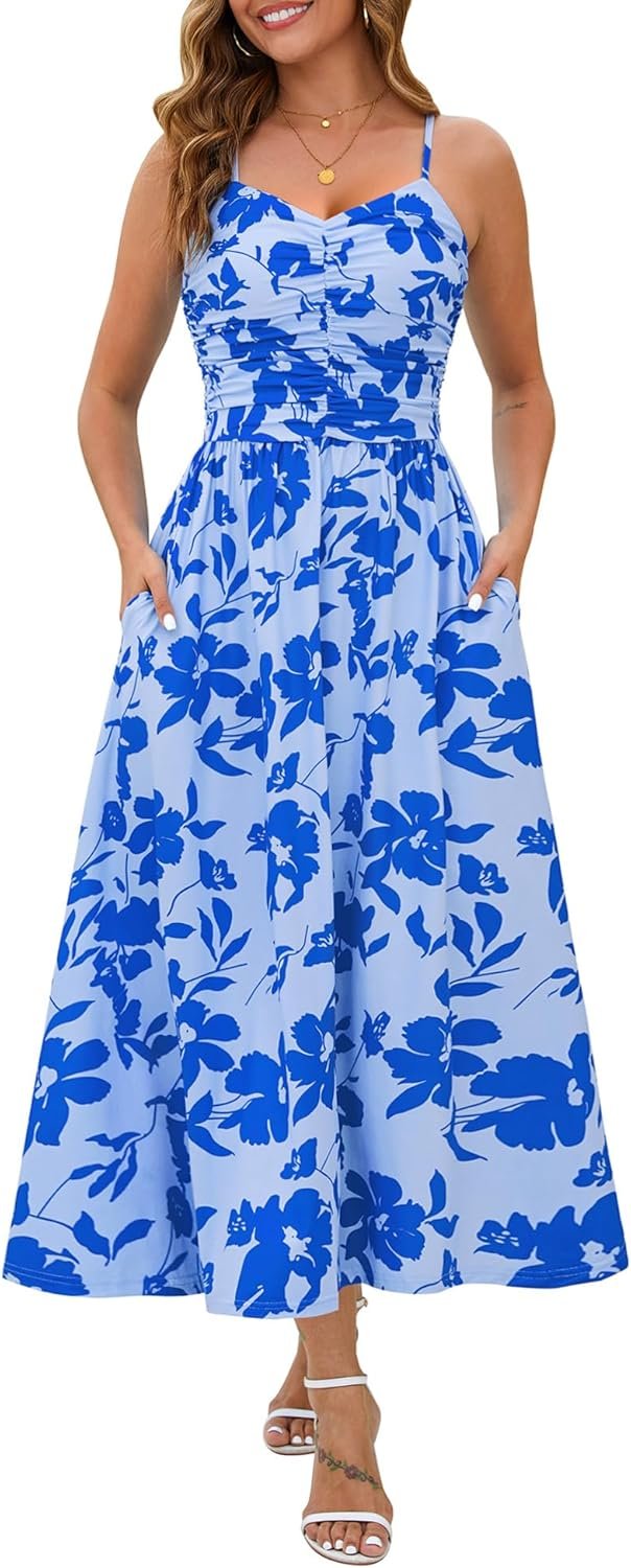 Annebouti Women 2026 Summer Spring Ruched Maxi Dress Adjustable Spaghetti Strap Floral Beach Long Sundress with Pockets