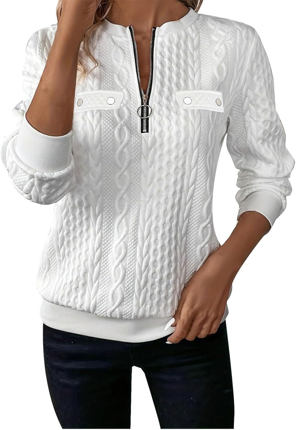 Women’s Half Zip Quilted Pullover Sweatshirts Crew Neck Long Sleeve Tops Textured Solid Casual Fashion Fall Sweaters