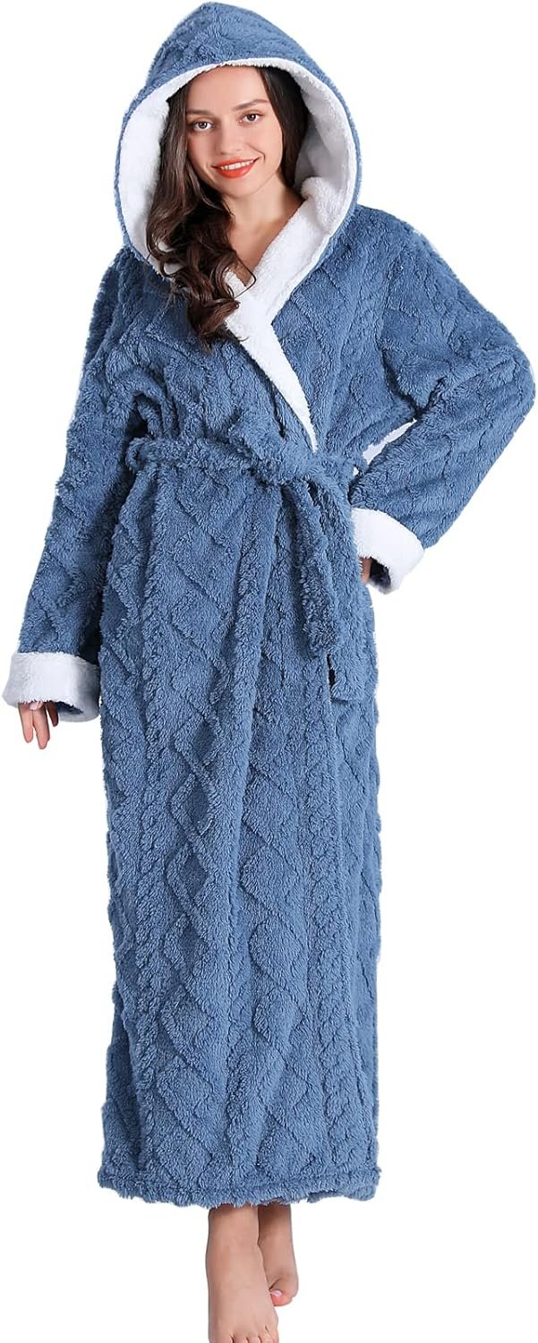 LKG women’s robes long plush hooded ladies shower luxury christmas warm fuzzy robes house coat bathrobe for women full length