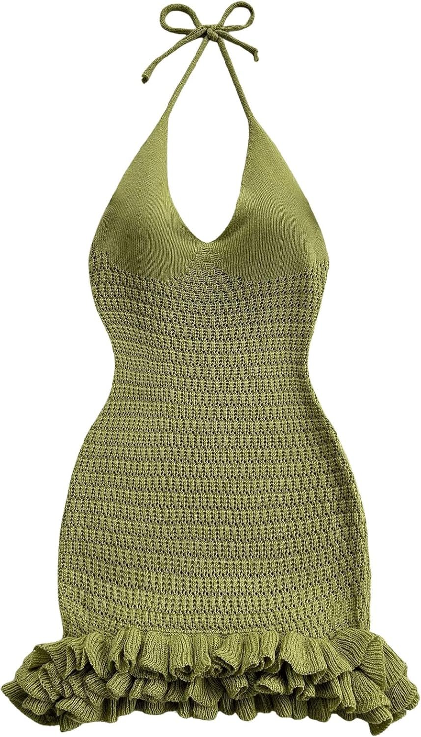 GORGLITTER Women’s Vacation Outfit Crochet Halter Knit Bubble Mini Dress Sexy Beach Cruise Summer Miami Resort Outfits