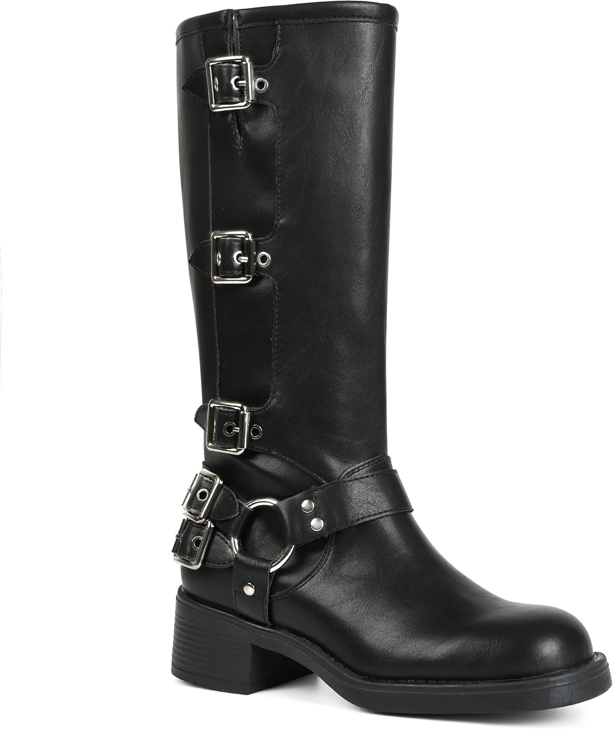 AMINUGAL Knee High Boots Women Square Toe Pull On Wide Calf Riding Fashion Buckles Chunky Metallic Casual Vintage Buckle Rivet