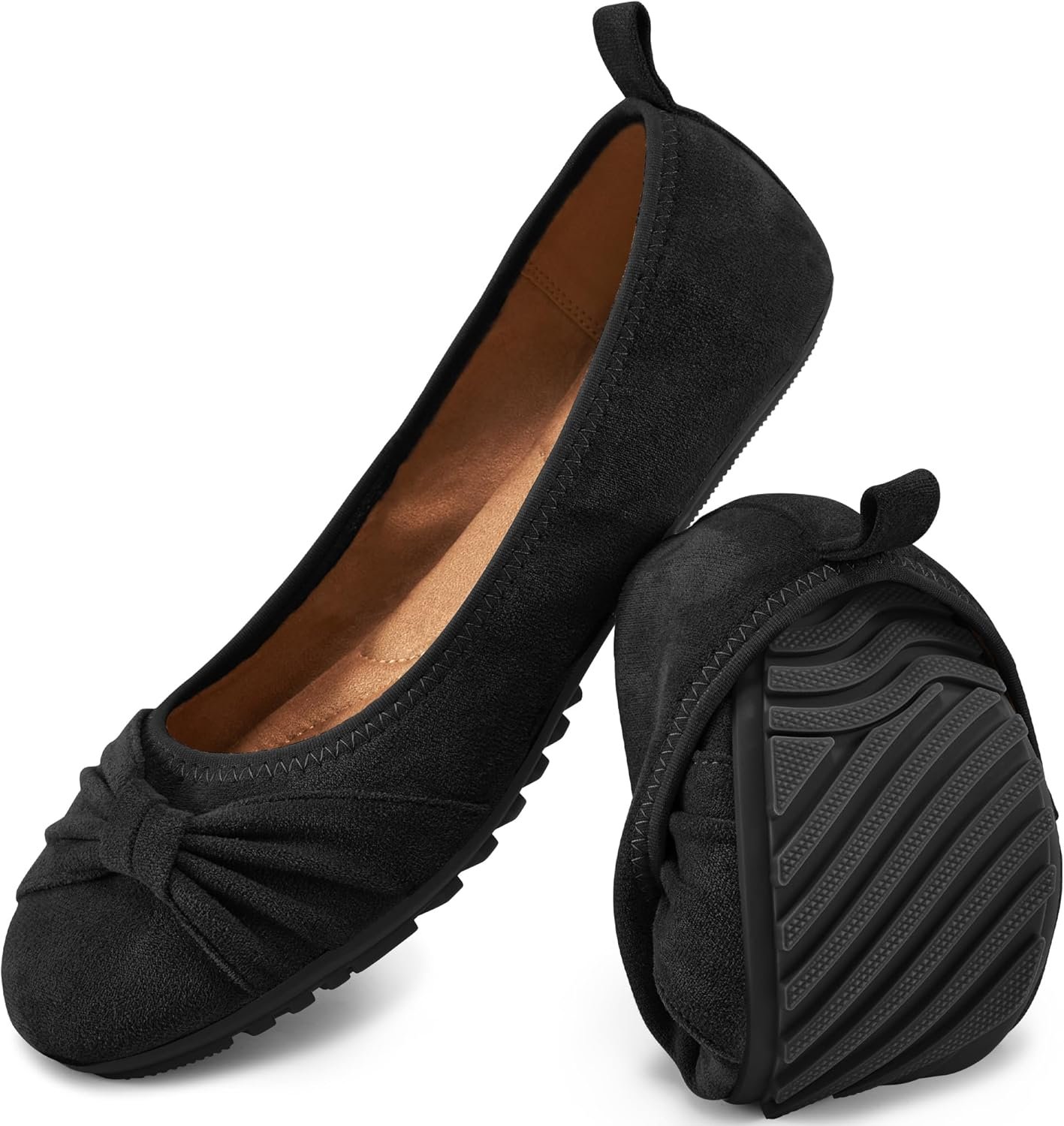 Ecetana Women’s Ballet Flats Shoes Dressy Round Toe Bowknot Slip Ons Comfortable Suede Foldable Loafers for Casual Work Business