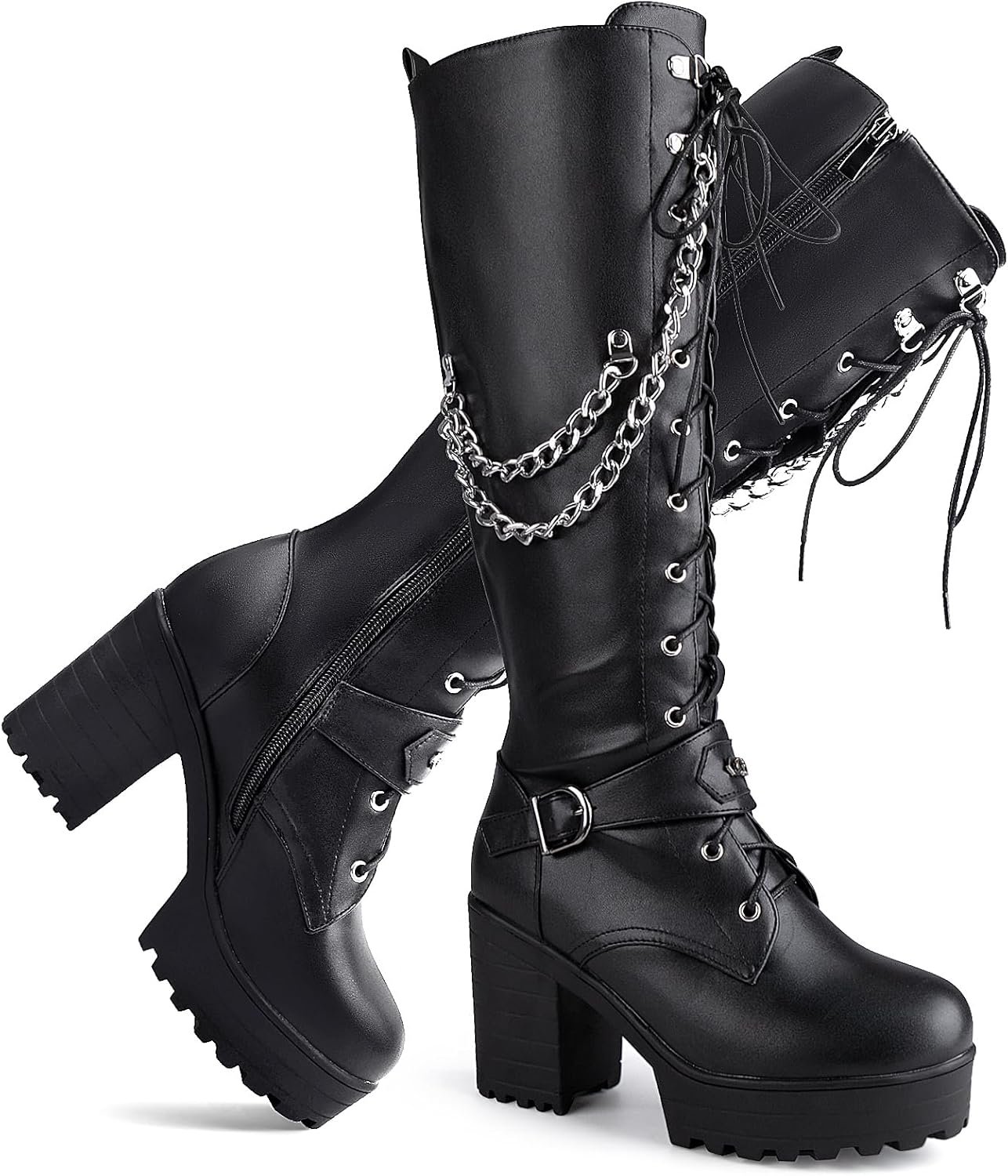 Ladies’ Boots Women Fashion Platform Block Heels Knee High Boots Lace up