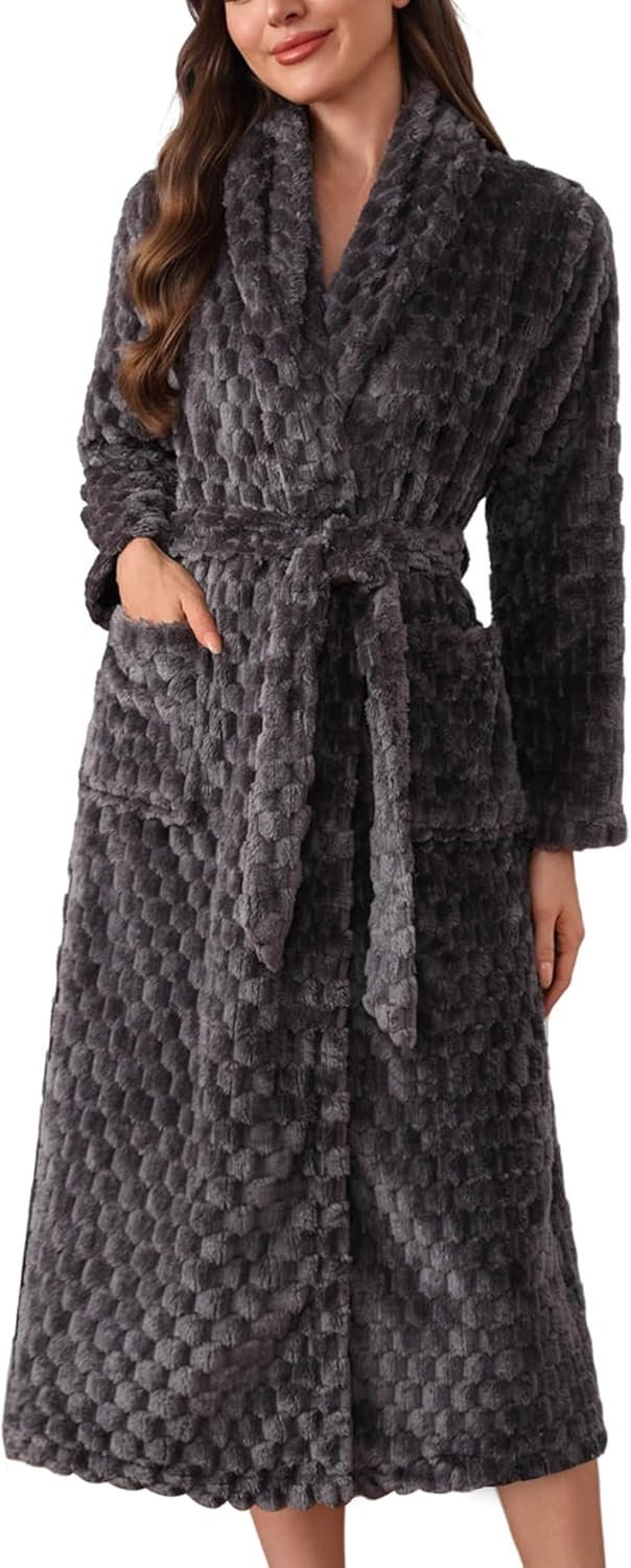 Ekouaer Women’s Robe Long Plush Soft Bathrobe Jacquard Color Block Robes Shawl Collar Sleepwear with Pockets S-XXL