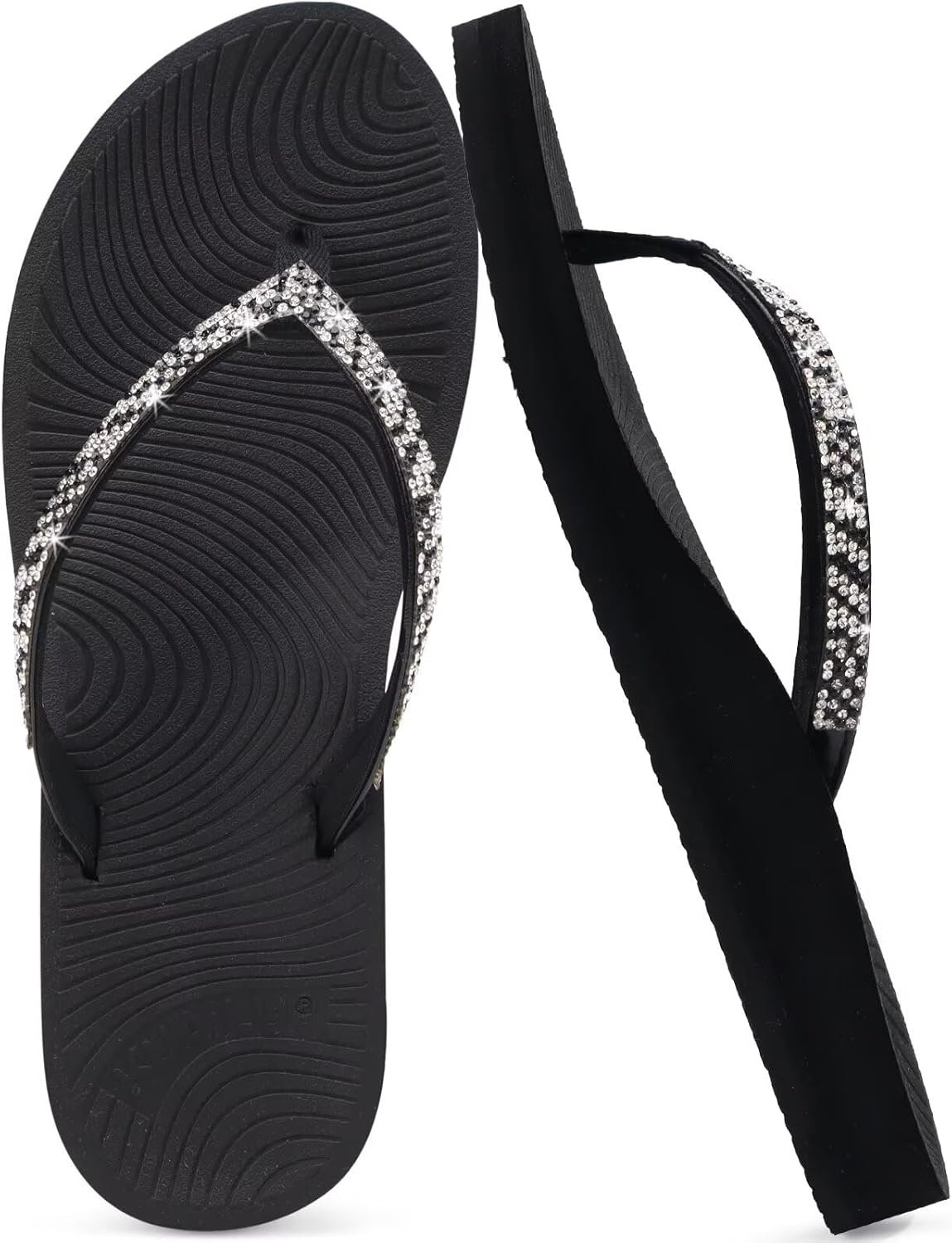 KuaiLu Women’s Rhinestone Flip Flops with Comfort Arch Support Yoga Mat Cushion Sandals Fashion Summer Beach Travel Orthotic Walking Thong Sandles Slip on Plantar Fasciitis Indoor Outdoor Shoes