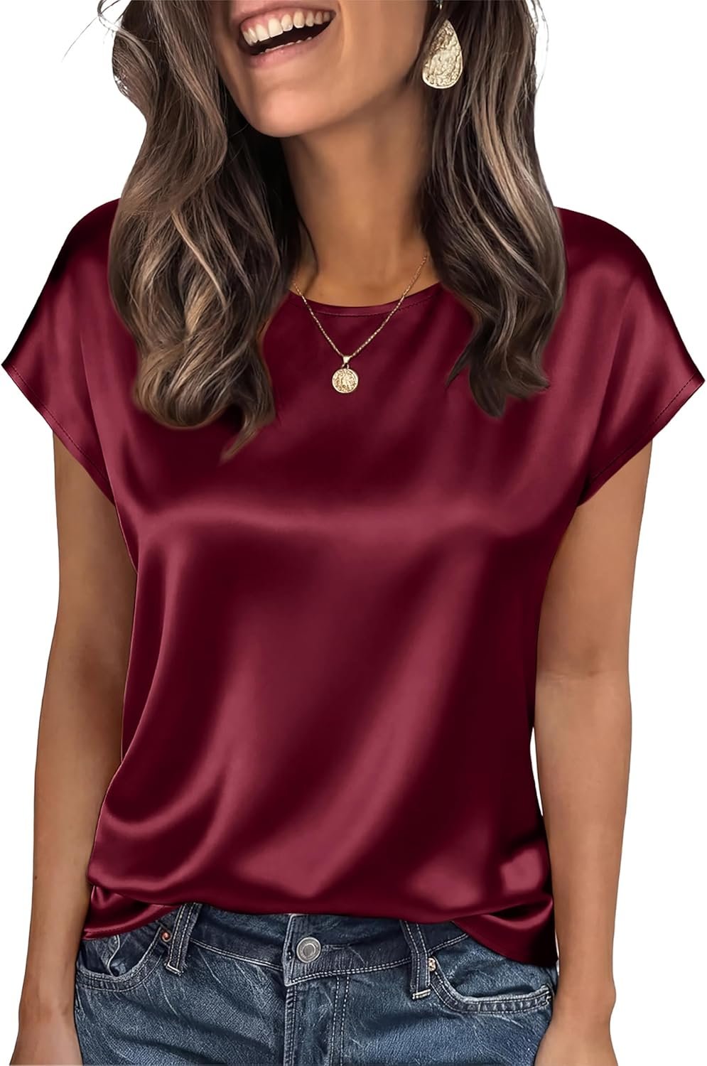 OFEEFAN Women Silk Satin Tops Summer Cap Short Sleeve Blouse Crew Neck Shirts Business Casual Fashion Outfits