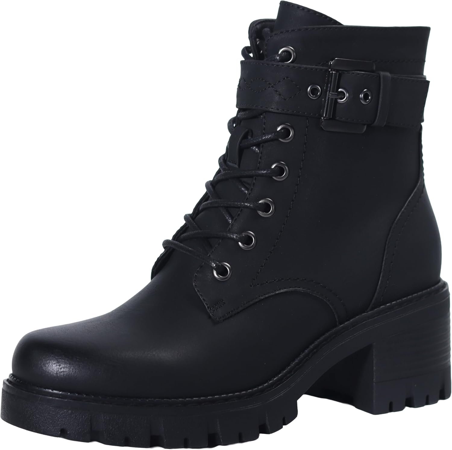 Women’s Combat Boots Classic Lace-Up Ankle Booties with Side Zipper & Buckle, Chunky Mid Heel