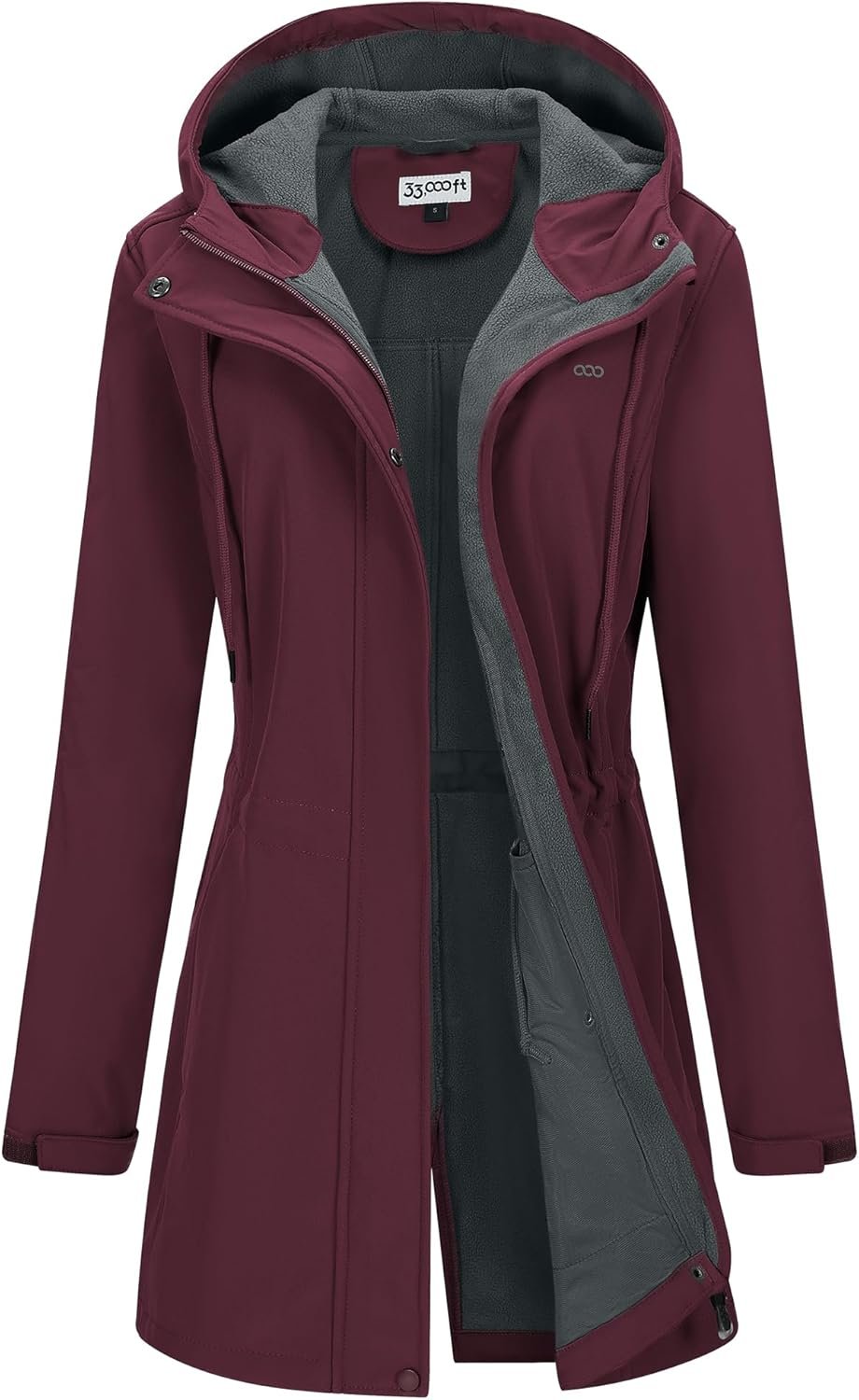 33,000ft Women’s Softshell Long Jacket with Hood Fleece Lined Windproof Warm up Waterproof Windbreaker