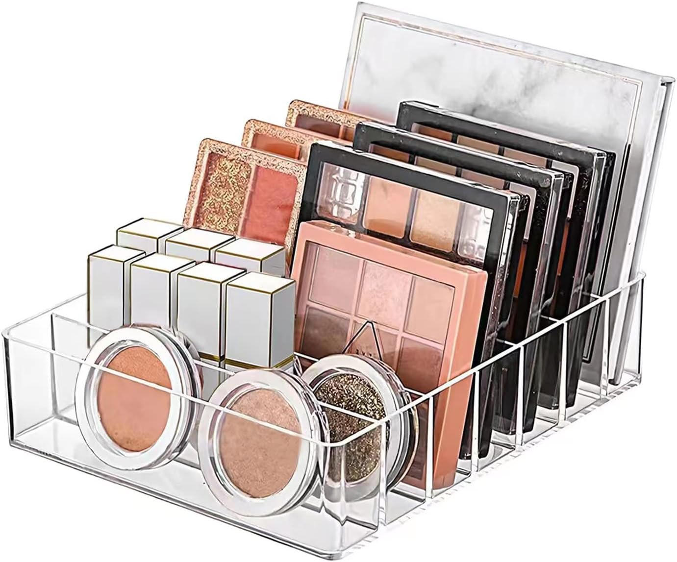 WECHENG Clear Acrylic Makeup Organizer for Eyeshadow Palette and Lipstick Organizer, 7 Slots Divided Makeup Palette Organizer for Vanity Countertop Drawer Cosmetics Storage(Closed-Sided Design)
