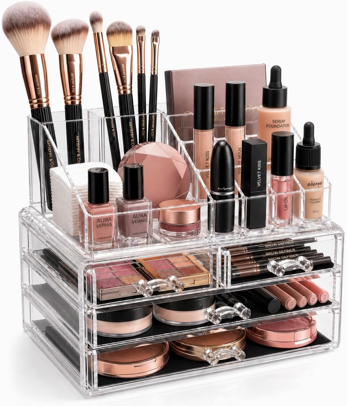 Brookstone Makeup Organizer Case – Countertop Storage With Drawers, Acrylic Cosmetic Display Box, Vanity Organizer and Makeup Holder For Accessories