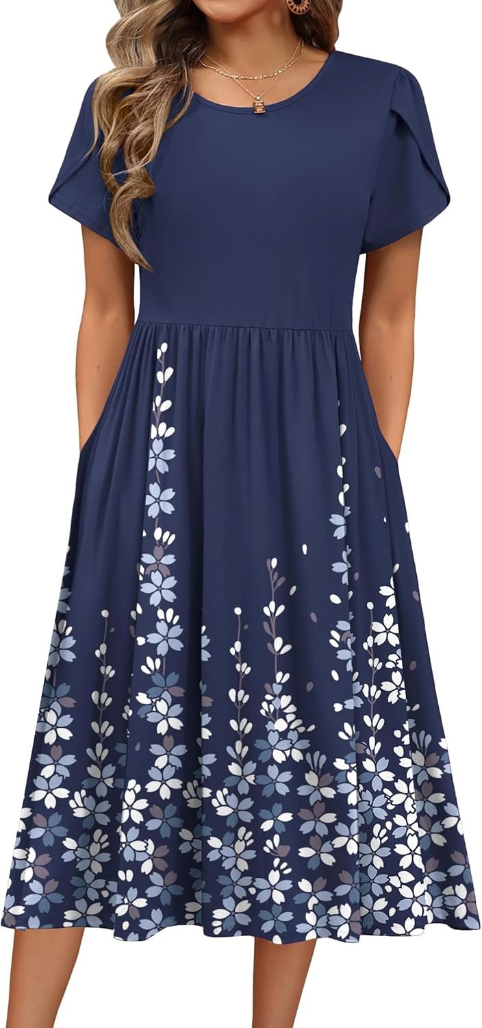 HOTOUCH Women’s Summer A-Line Midi Dresses 2026 Casual Floral Short Sleeve T-Shirt Dress Flowy Beach Sundress with Pockets