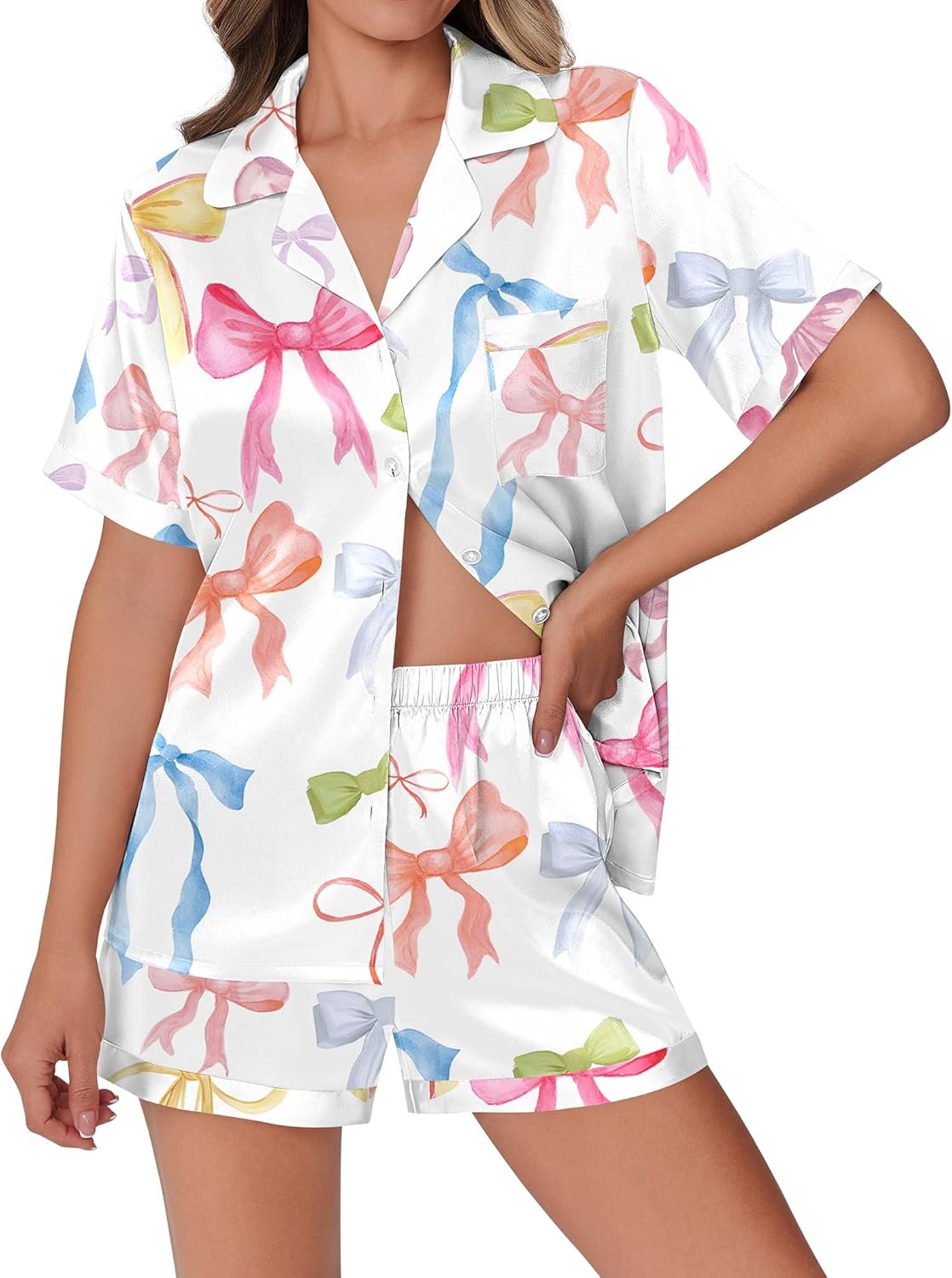 Ekouaer Womens Silk Satin Pajamas Set Animals Print Pjs Button Down Short Sleeve Lounge Set 2 Piece Sleepwear