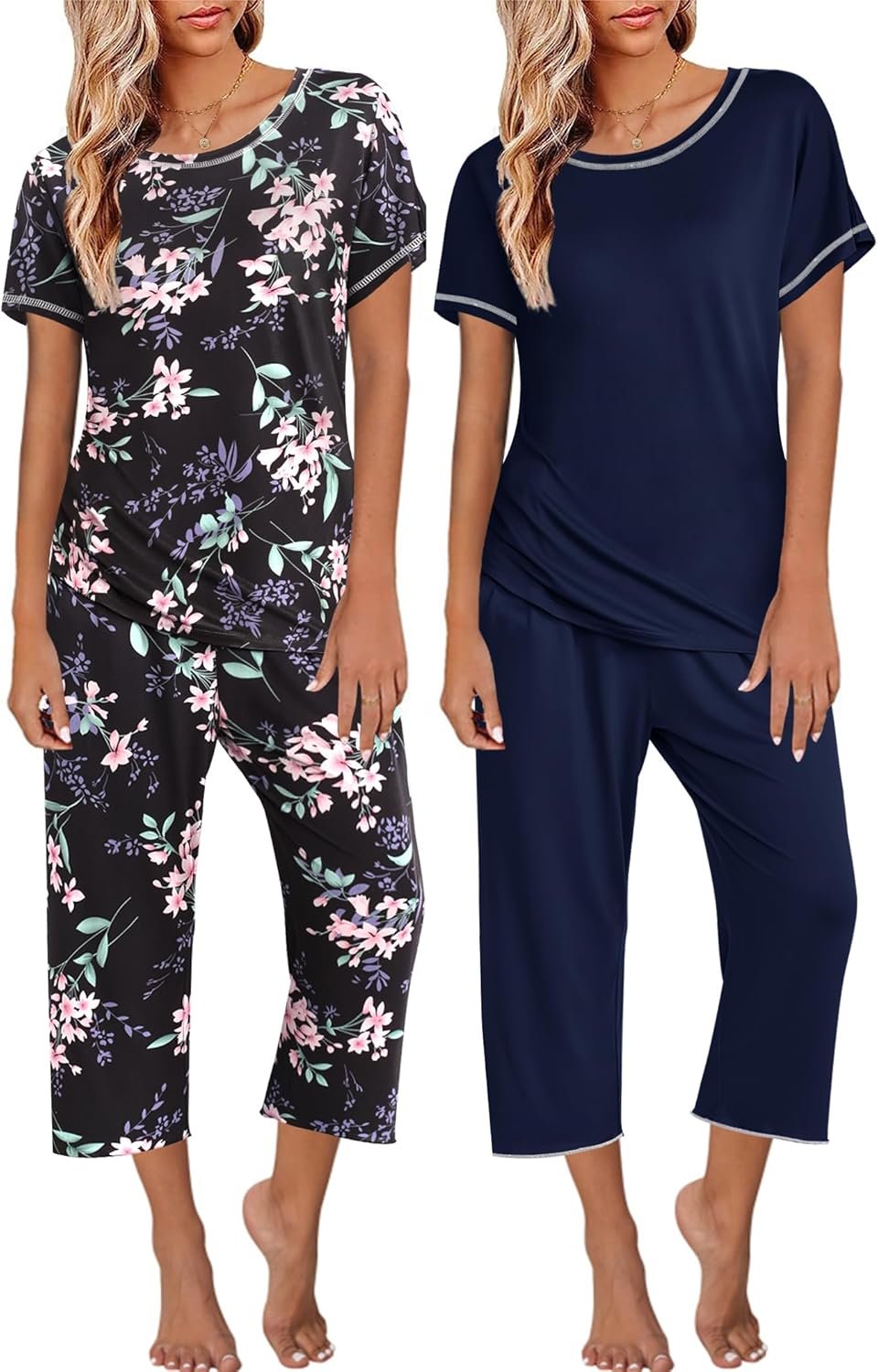 Ekouaer 2 Pack Womens Pajamas Sets Short Sleeve Tops and Capri Pants Pjs Colorful Printed Sleepwear Sets